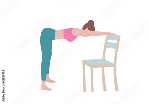 oga Exercises that can be done at home using a sturdy chair. Downward Facing Dog of chair Yoga Pose. Cartoon style.