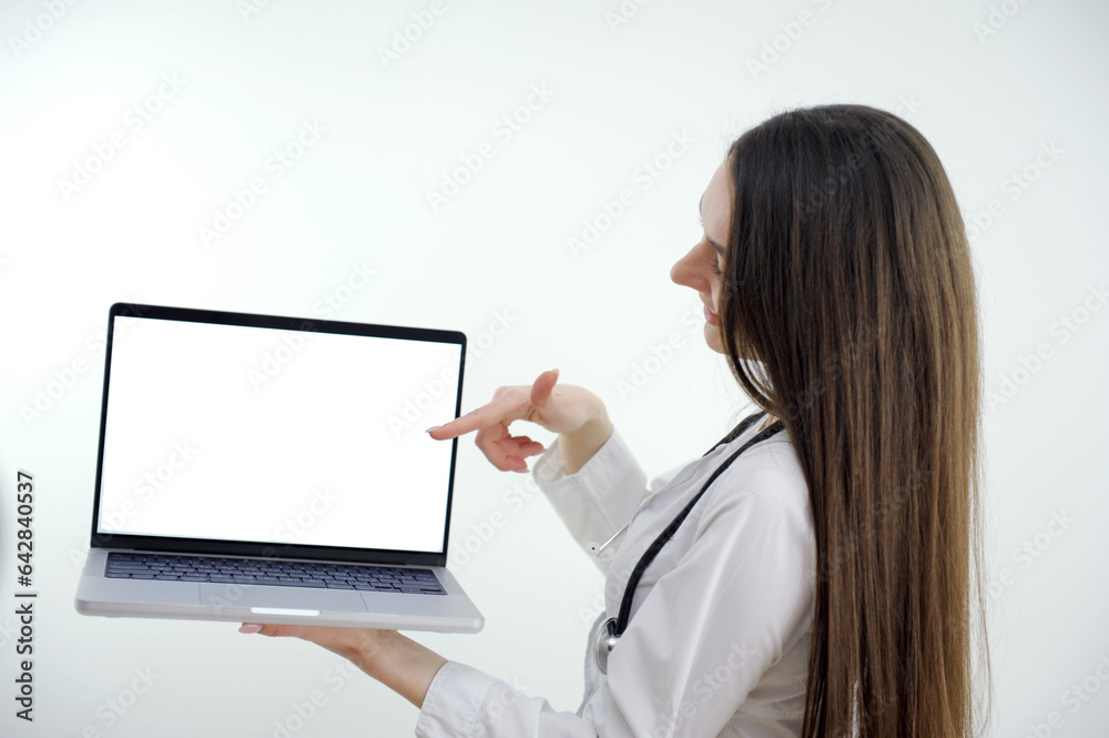 Female doctor making video call on laptop mock up screen with patient . High quality photo Female doctor making video call on laptop mock up screen with patient . High quality photo