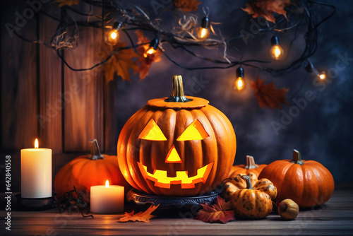 Halloween pumpkin head jack lantern on wooden background.