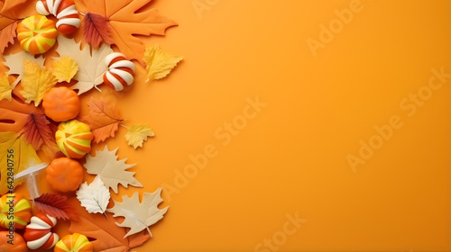 Background for Halloween with candies, tiny pumpkins and autumn leaves.