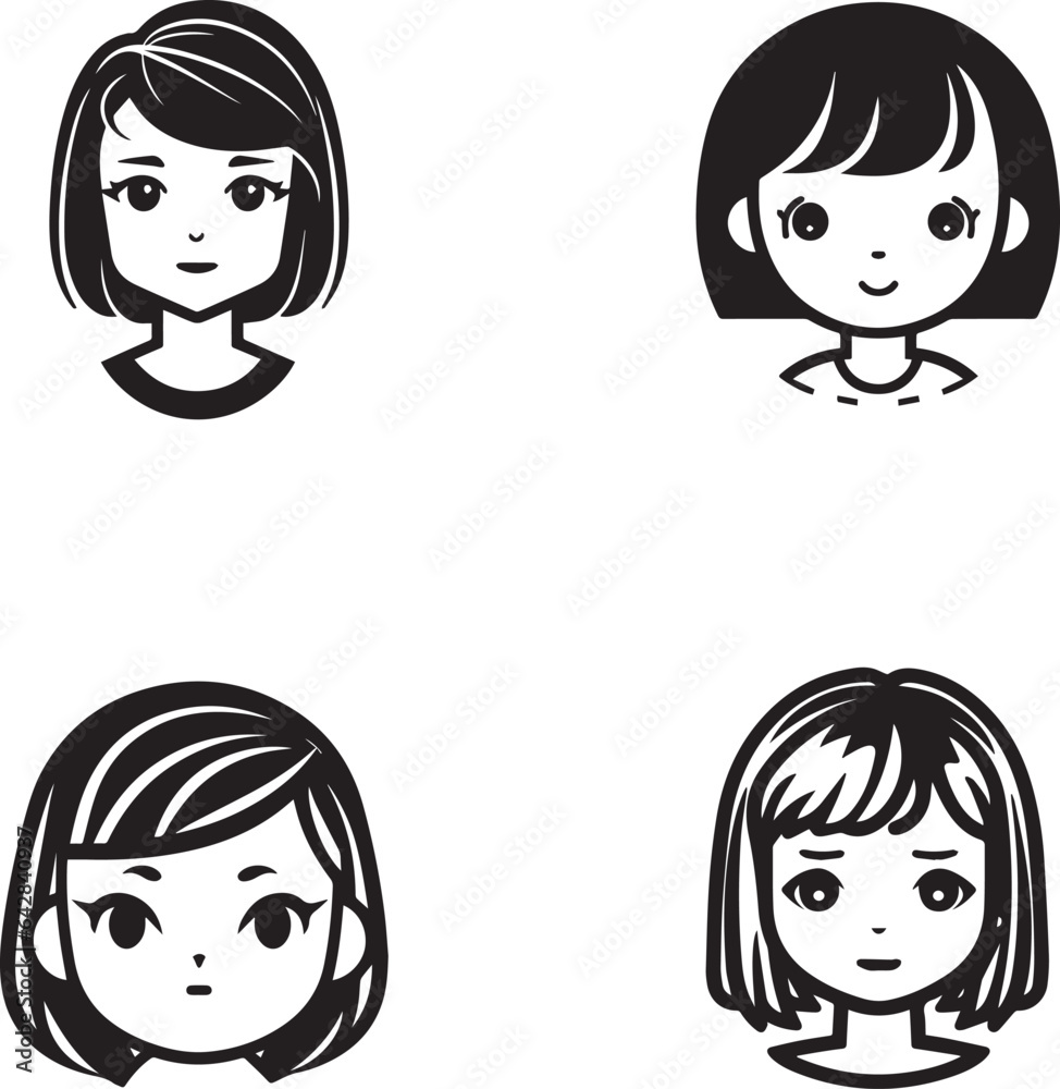 short hair girl minimal lineart flat logo silhouette style vector illustration set short hair girl minimal lineart flat logo silhouette style vector illustration set