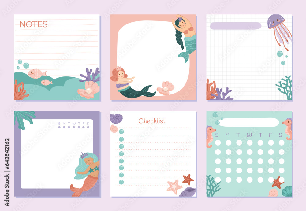 Set of cute mermaid printable stationery planner and memo in square layout