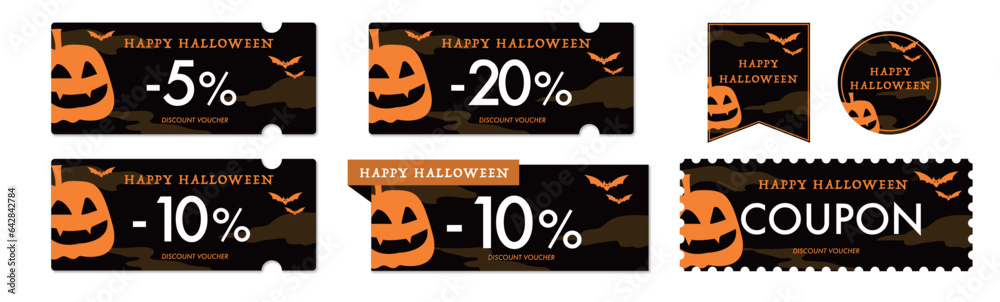 ハロウィンセールに使えるカボチャとコウモリのクーポンベクターアイコンデザインセット2（黒）