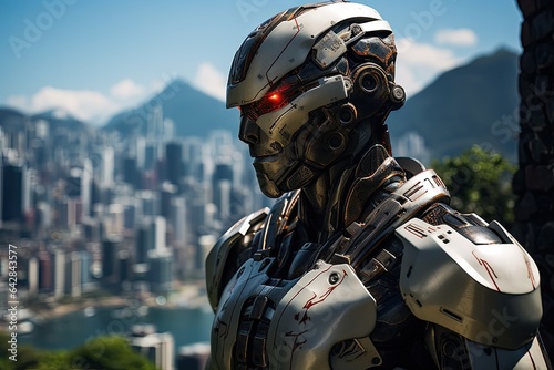 an iron man standing in front of a cityscapeart with the background of skyscrapers and buildings