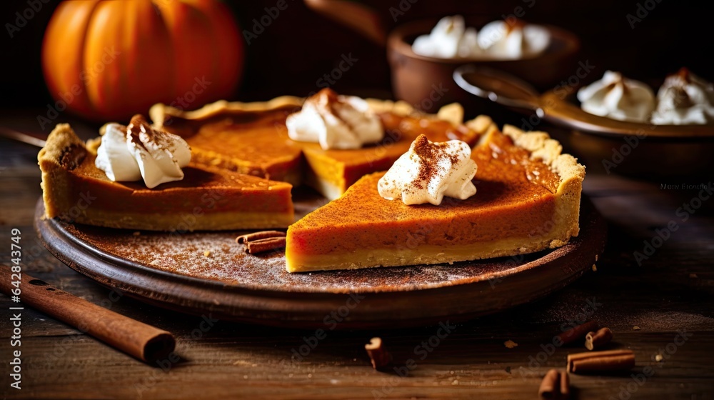 two slices of pumpkin pie on a wooden plate with whipped cream and cinnamons around the edges in the slice is topped with whipped