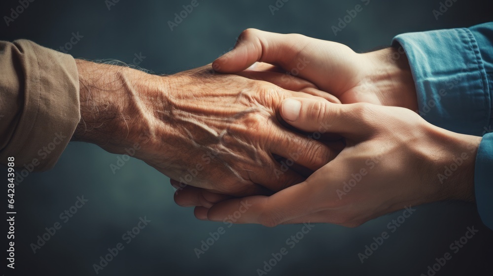 Fototapeta premium Helping hands, care for the elderly concept, copy space, 16:9