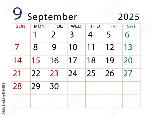 2025年カレンダー　9月