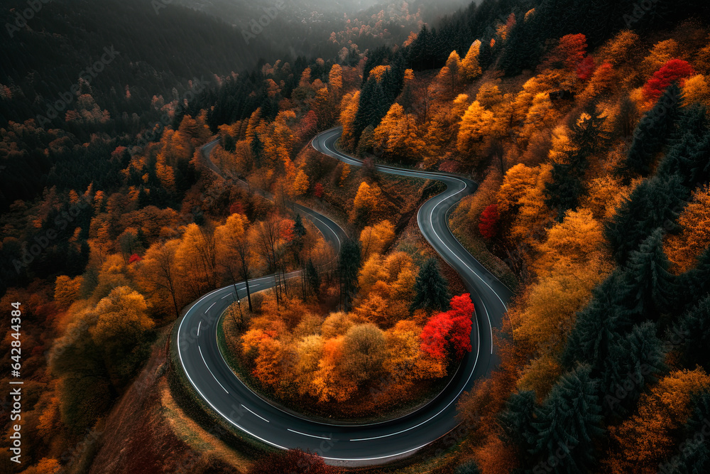 A winding road in the middle of a autumn forest. Generative AI - obrazy, fototapety, plakaty 