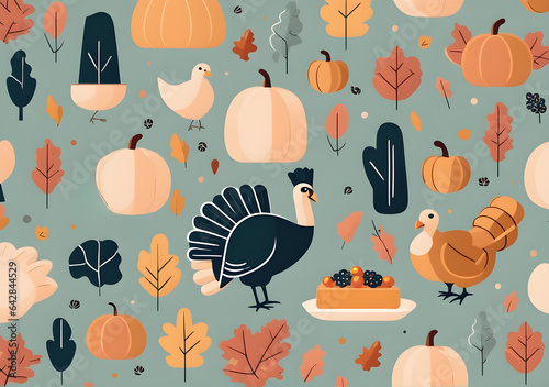 seamless pattern with birds and flowers tukey for thankgiving day photo