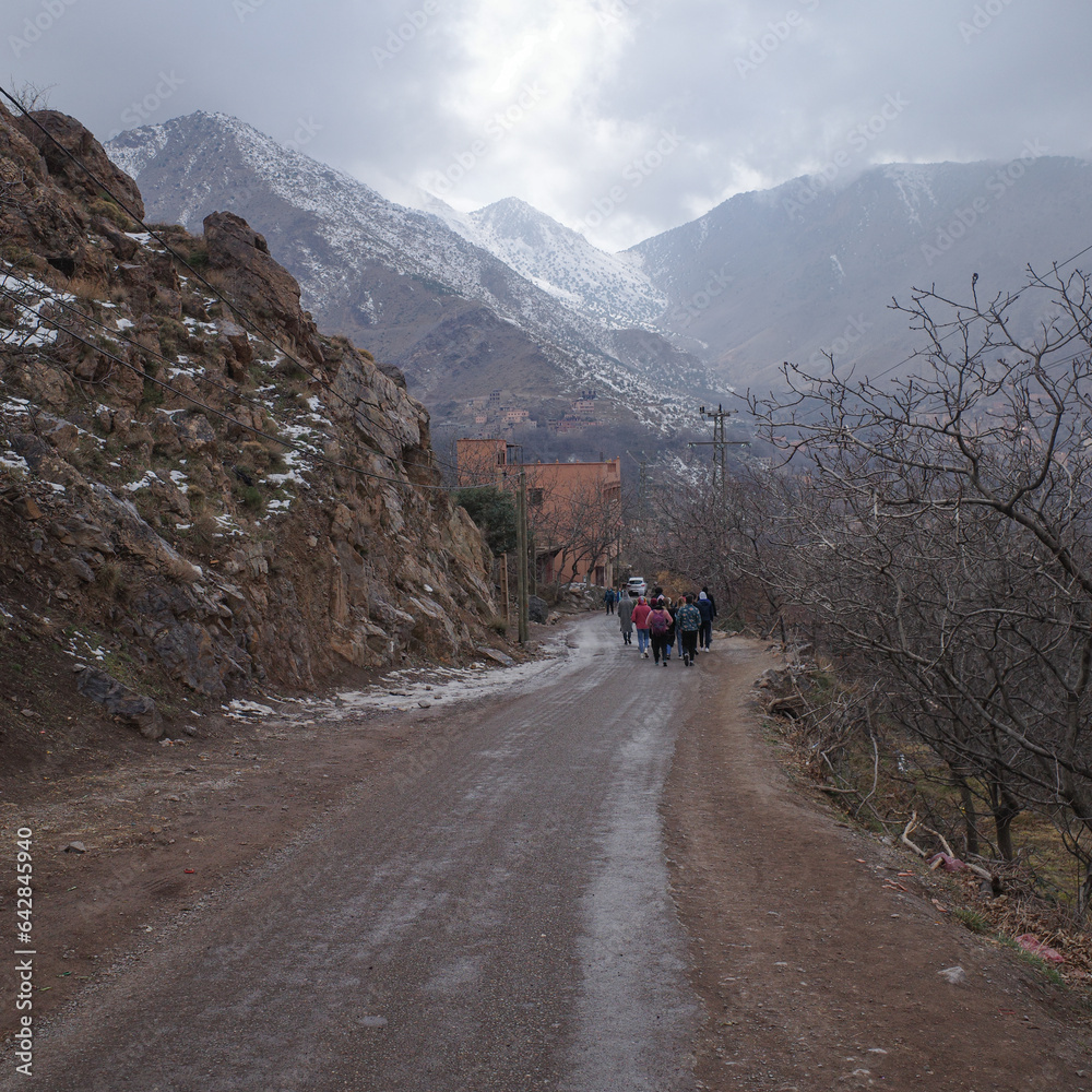Imlil, Morocco - Feb 22, 2023: Landscapes of the Atlas Mountains near Mount Toubkal