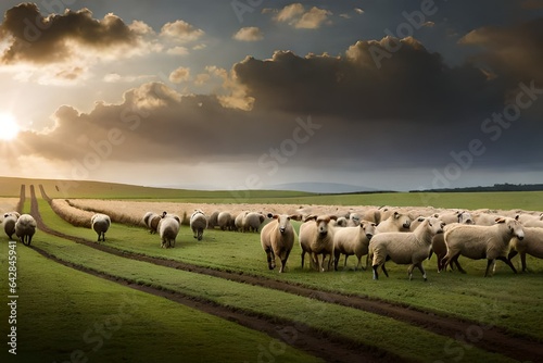 flock of sheep on a meadow Generated Ai