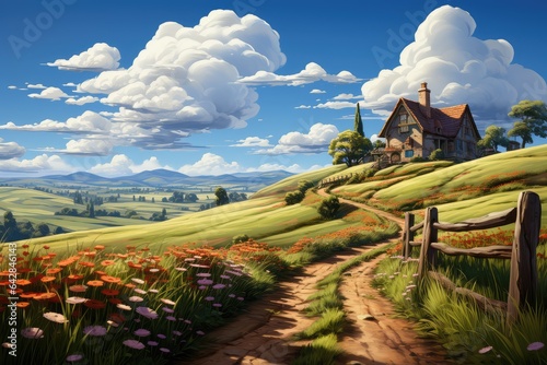 Cartoon scene with valley and farm house illustration for children. Generative AI