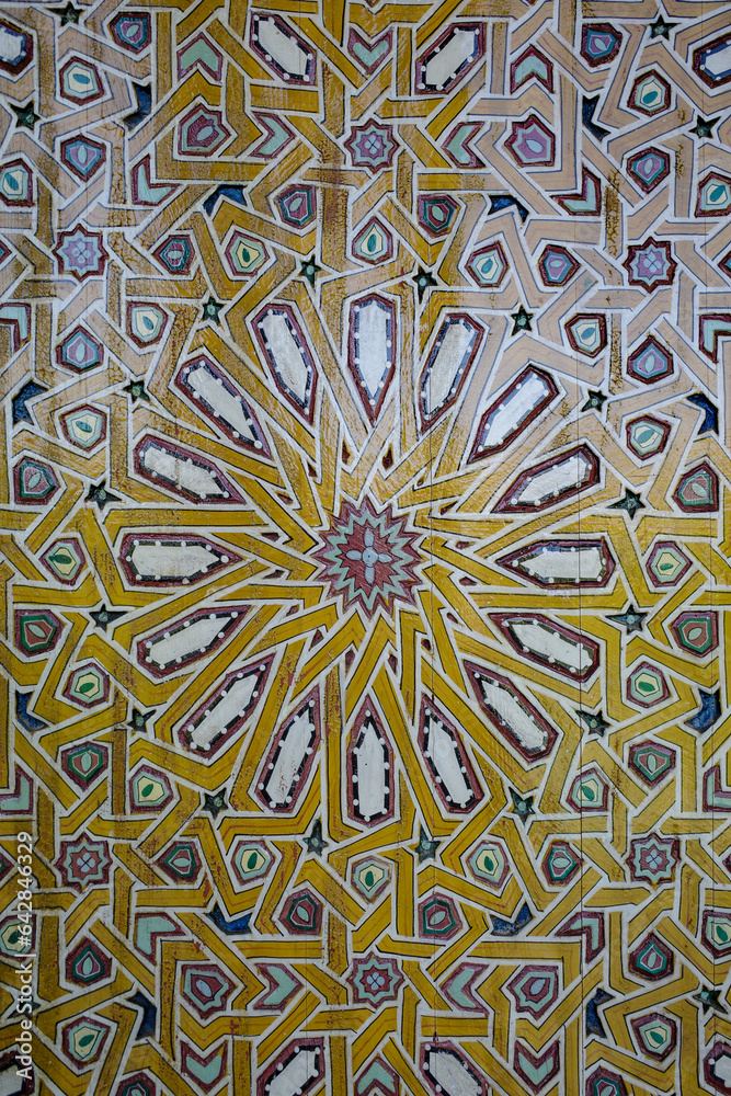 Marrakech, Morocco - Feb 21, 2023: Islamic designs at the Le Jardin Secret (The Secret Garden), in the old medina of Marrakech