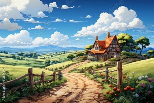 Cartoon scene with valley and farm house illustration for children. Generative AI