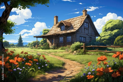 Cartoon scene with valley and farm house illustration for children. Generative AI