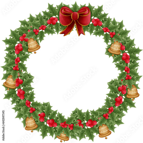 christmas bells with red bow and holly isolated on transparent background 
