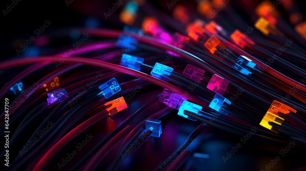 Wires from modern technology are bright and with neon light. Glowing, colorful background. 