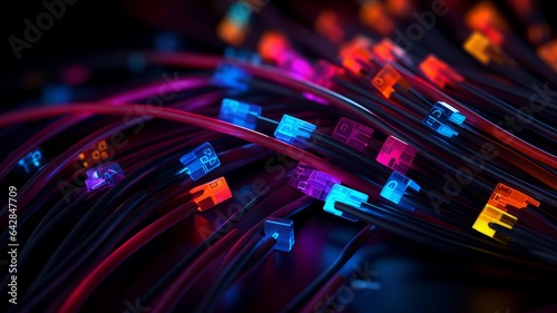 Wires from modern technology are bright and with neon light. Glowing, colorful background. 