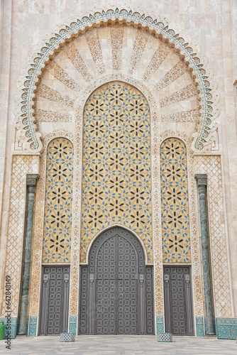Casablanca, Morocco - Feb 26, 2023: Exterior architecture of the Hassan II Mosque, the largest mosque in Africa