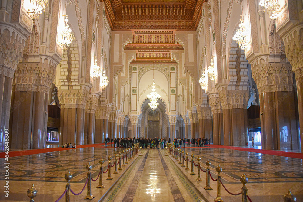 Casablanca, Morocco - Feb 26, 2023: Interior of the Hassan II Mosque, the largest mosque in Africa