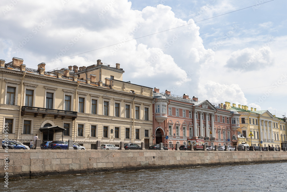 June 15, 2023, Saint Petersburg, Russia - tour boats The historic district of the city Saint Petersburg, Russia - tour boats The historic district of the city
