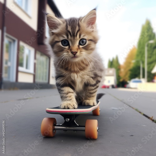 image of a cute cat ride a skateboard. Generative AI