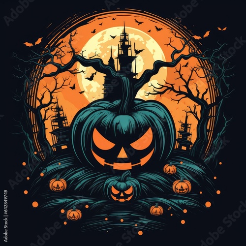 a halloween poster with a castle on the top. Generative AI