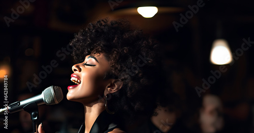 Female Singer on a stage holding a microphone while singing a song. Spotlights create a special atmosphere at the concert. Shallow field of view. 