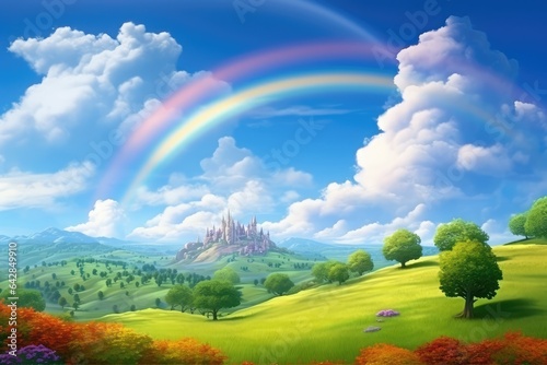 beautiful valley and rainbow on sky cartoon illustration. Generative AI