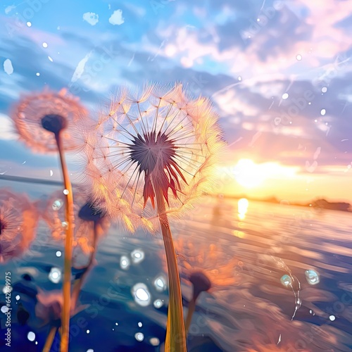 a dandel with the sun setting in the background and some water droplets floating on top of the dandel photo