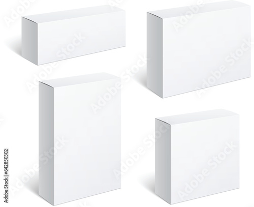 Set of Realistic white boxes. Cardboard package isolated on white background. For software, electronic devices and other products. Vector illustration.