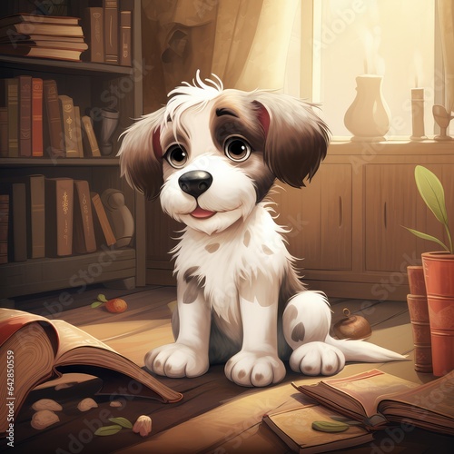 a puppy reading a book cartoon illustration. Generative AI