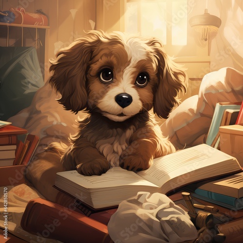 a puppy reading a book cartoon illustration. Generative AI