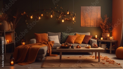 Cozy Living Room Interior Inspired by Autumn Colors, generative AI
