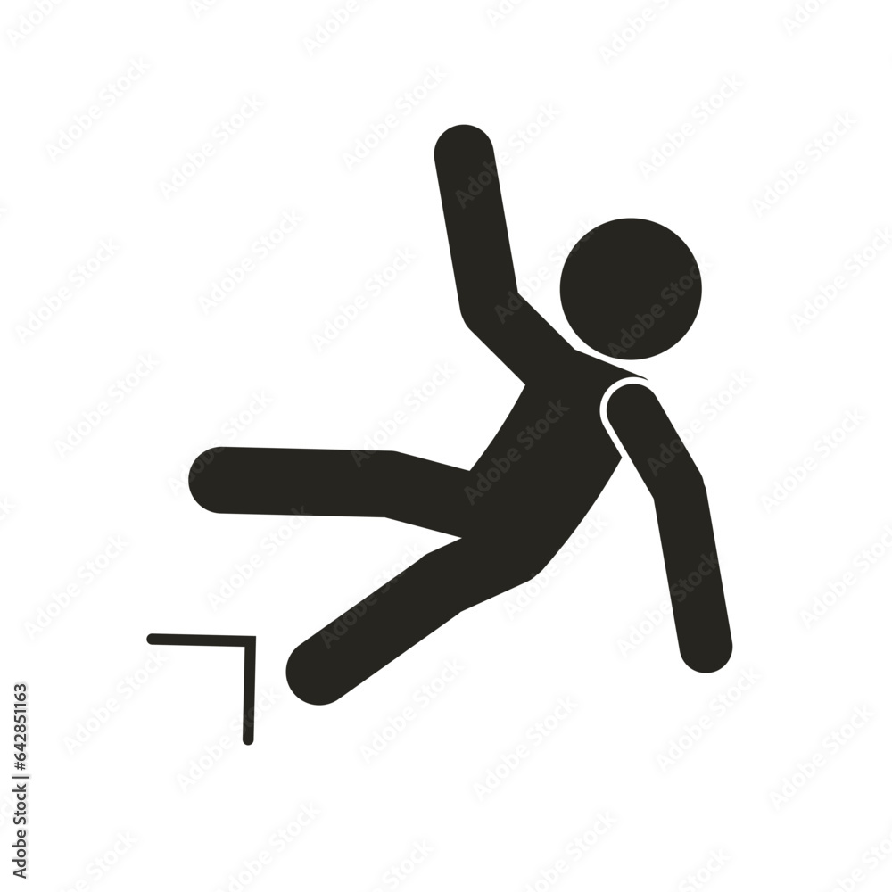 Isolated illustration of yellow triangle man falling from edge of stair, with head injury, for height fall risk safety danger sign Isolated illustration of yellow triangle man falling from edge of stair, with head injury, for height fall risk safety danger sign