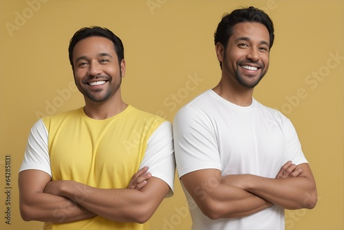Brotherly Bond: Identical twins radiate joy and confidence, standing shoulder-to-shoulder with arms crossed against a vibrant yellow backdrop. 