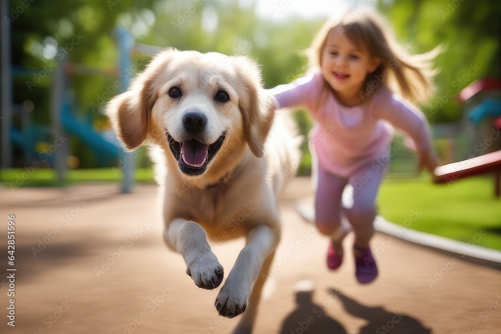 puppy and little girl playing in park puppy and little girl playing in park