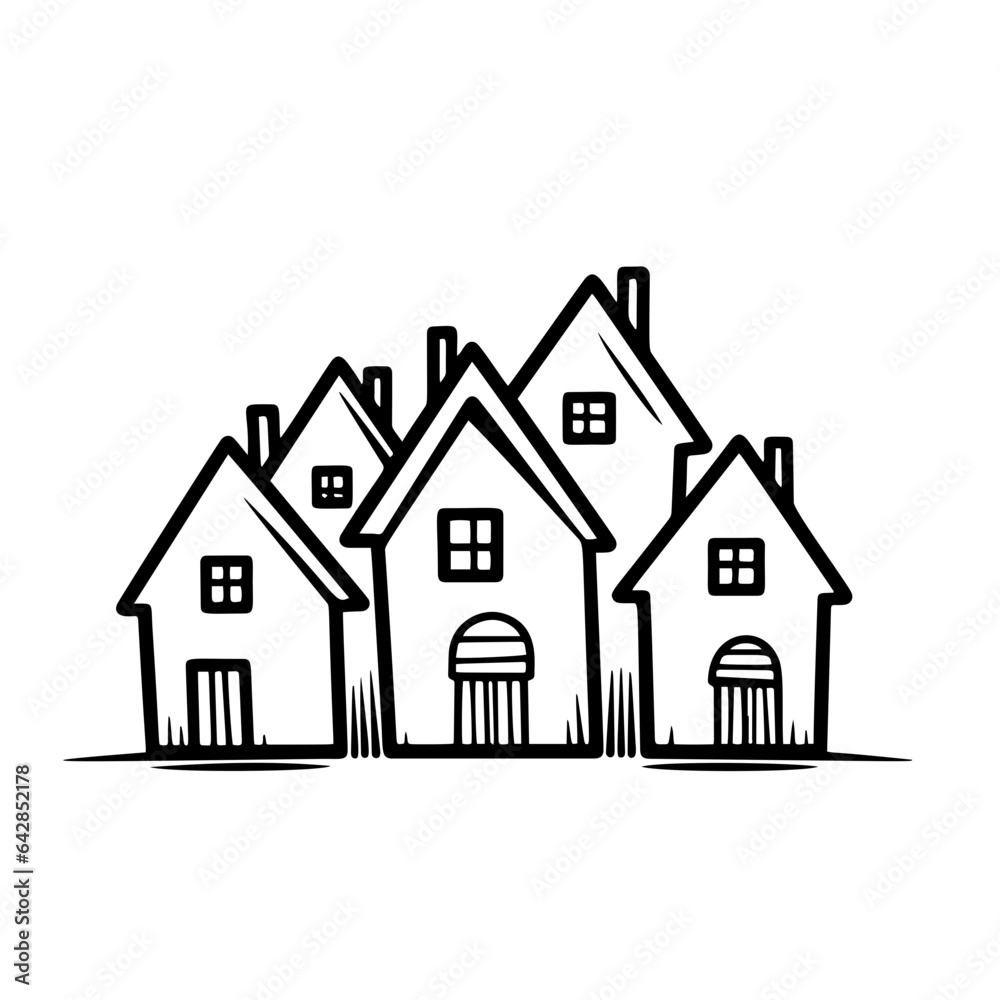 Landscape of the neighborhoods of the city, the houses of the suburbs residential area. A number of low-rise buildings of the village. Outline vector illustration
