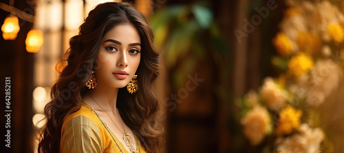 Confident Young Woman with Beautiful Curly Hair and Yellow Fashion Accessories
