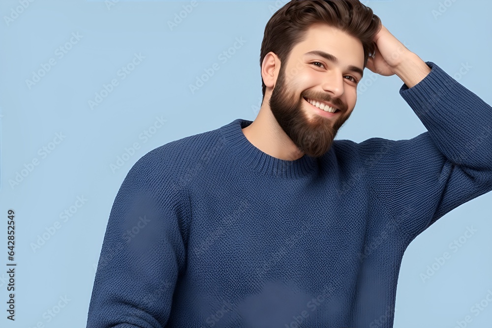 Confidently Handsome: A man with a beard and a warm smile, dressed in a casual blue sweater, exudes charm and confidence. His relaxed posture and inviting gaze make him the epitome of modern masculin Confidently Handsome: A man with a beard and a warm smile, dressed in a casual blue sweater, exudes charm and confidence. His relaxed posture and inviting gaze make him the epitome of modern masculin