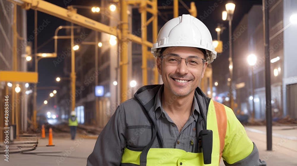 Night Shift Confidence: A construction engineer beams with pride amidst the illuminated cityscape, embodying the dedication and expertise of urban development. Night Shift Confidence: A construction engineer beams with pride amidst the illuminated cityscape, embodying the dedication and expertise of urban development.