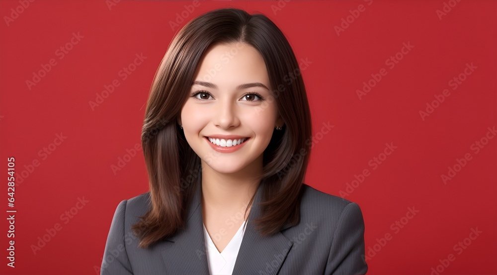 Confident Professional Woman on Red - Portrait of a young, smiling businesswoman on a vibrant red background, exuding confidence and professionalism. This versatile image is ideal for business, career Confident Professional Woman on Red - Portrait of a young, smiling businesswoman on a vibrant red background, exuding confidence and professionalism. This versatile image is ideal for business, career