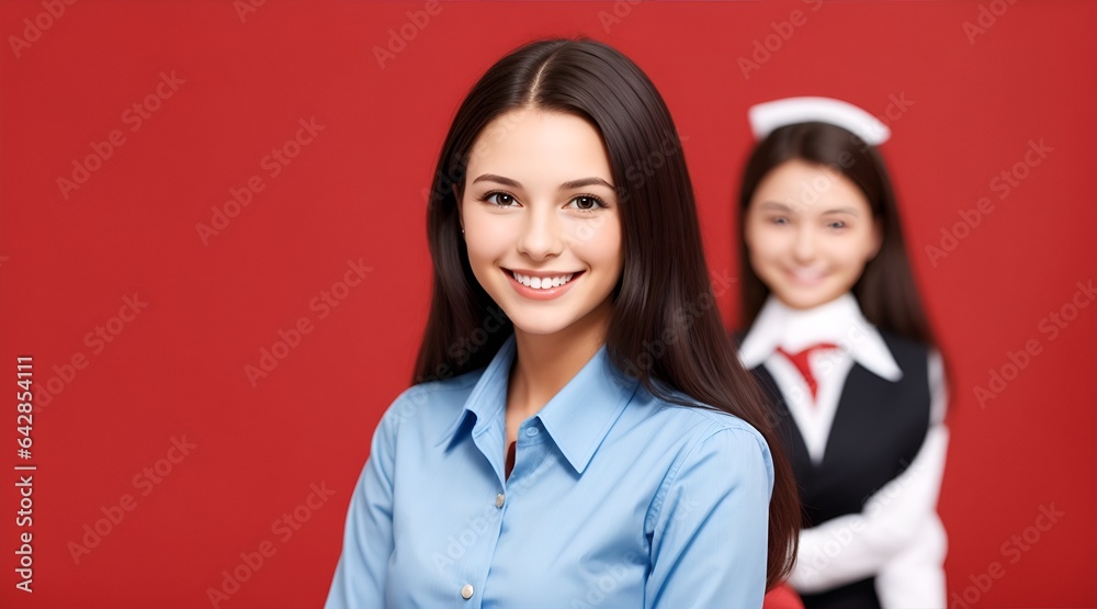 Smiling Stewardess: A friendly flight attendant looks directly at the camera with a warm smile, exuding confidence and professionalism, while a fellow crew member stands in the background, creating a Smiling Stewardess: A friendly flight attendant looks directly at the camera with a warm smile, exuding confidence and professionalism, while a fellow crew member stands in the background, creating a