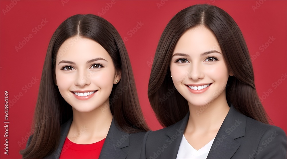 Double the Confidence: Two businesswomen, radiating professionalism and approachability, smile warmly against a vibrant red backdrop. Double the Confidence: Two businesswomen, radiating professionalism and approachability, smile warmly against a vibrant red backdrop.