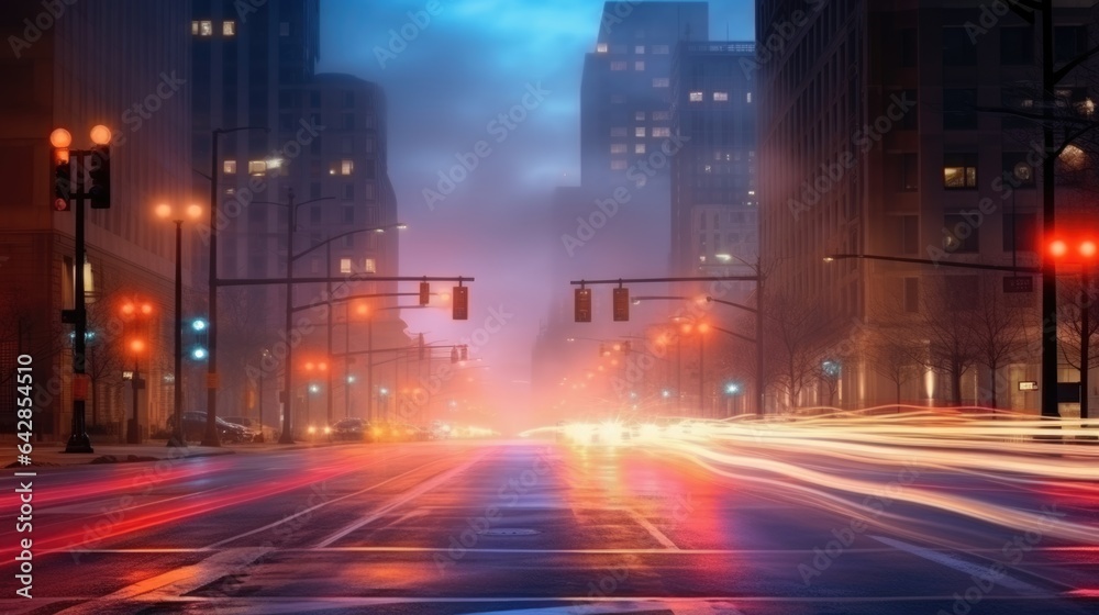 A dramatic foggy or misty road with colorful light from traffic cars through city in the morning sunrise.	