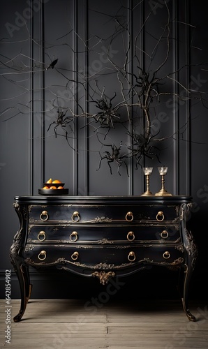 a black chest with branches on it and an orange candle in the sideboard is next to the chest, which has been painted photo