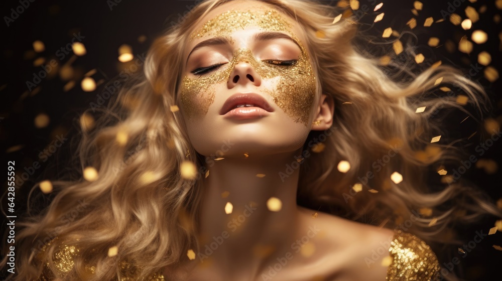 beautiful young blond woman in gold glitter, advertising product design concept background