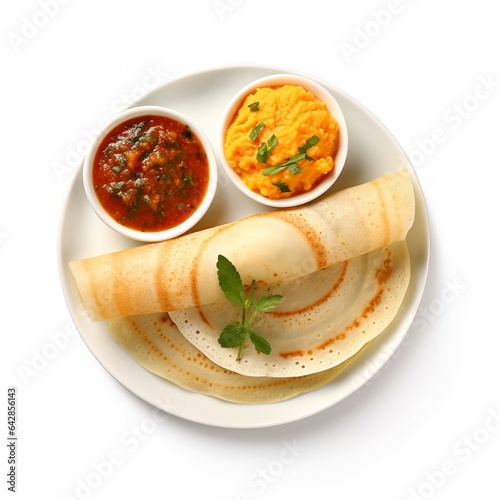 a plate with dosa and chutney isolated on white background