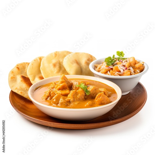 a plate with puri and chicken curry isolated on white background