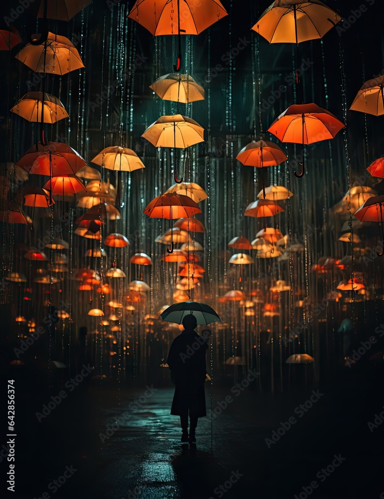 someone standing in the rain holding an umbrella and looking up at many red umbrellas hanging from above them on a rainy night